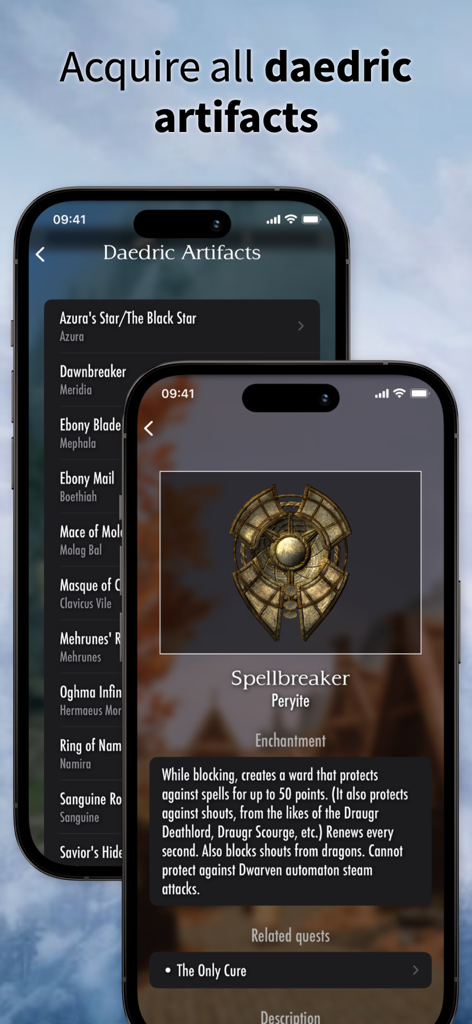 The Elder Scrolls Map - The Elder Scrolls Map app interface displaying a list of Daedric artifacts and details for the Spellbreaker shield.