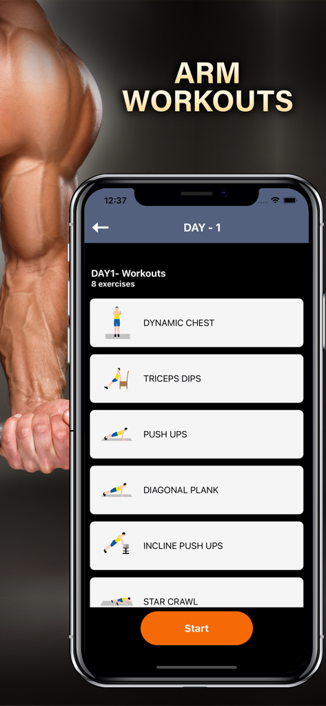 ArmWorkout Celebrity Challenge - Arm Workout Celebrity Challenge app interface showing a list of daily exercises including triceps dips and push ups