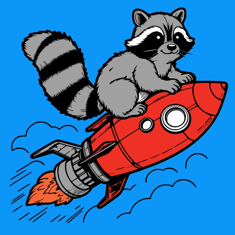 realistic raccoon flying on top rocket ship