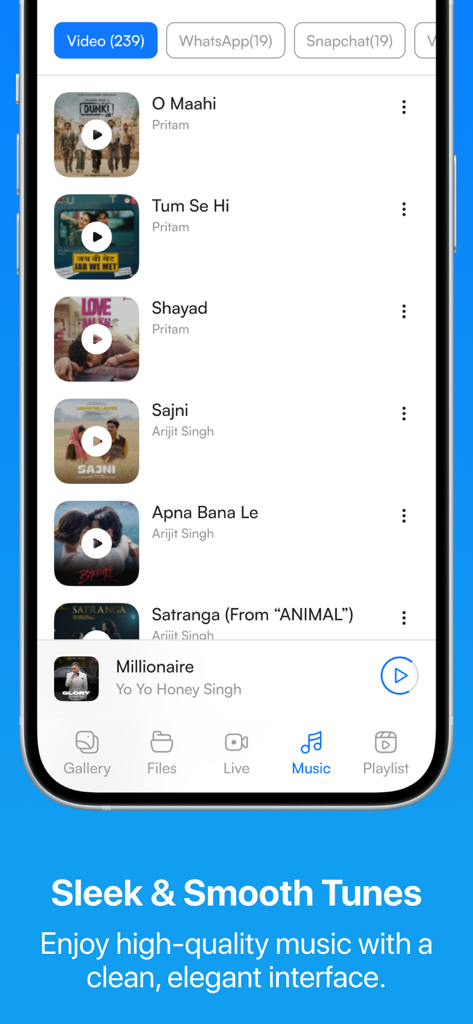 MX Player- All Media Player - MX Player music library screen on iOS showing a list of songs with a sleek and smooth interface