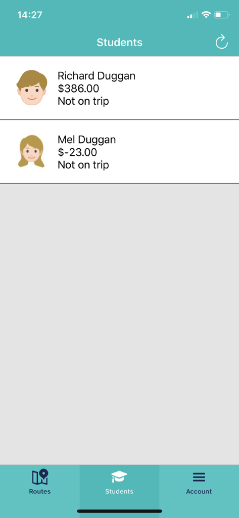 BusMinder Parent - Students list in the BusMinder Parent app showing status and account balances for school bus tracking