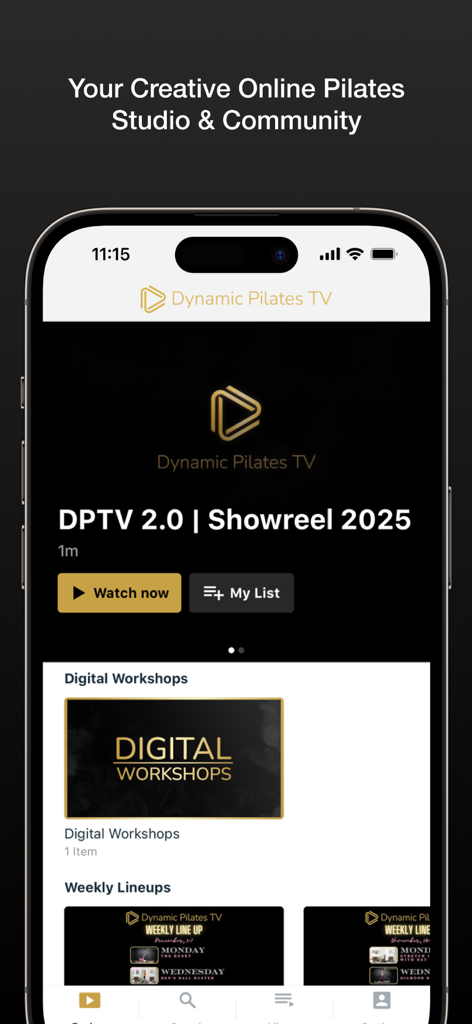 Interfaccia dell'app mobile Dynamic Pilates TV che mostra workshop di fitness e showreel su un iPhone