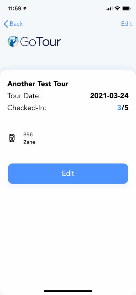 GoTour Excursions - GoTourアプリのインターフェース。特定のツアーの詳細とチェックインの進捗状況が表示されています