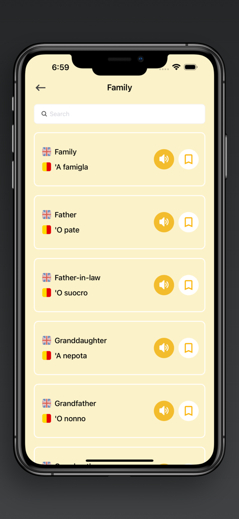 Mobile app screen displaying family related vocabulary with English to Neapolitan translations and audio buttons