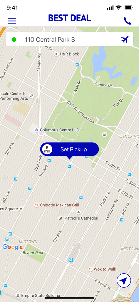 Best Deal Car Service - Best Deal Car Service mobile app interface showing a map of Manhattan with a set pickup button for a car reservation.