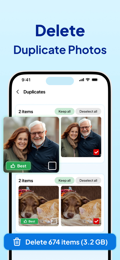 Cleaner GO - Storage Cleanup - Cleaner GO app interface displaying duplicate photo detection and a bulk delete button to free up storage space.