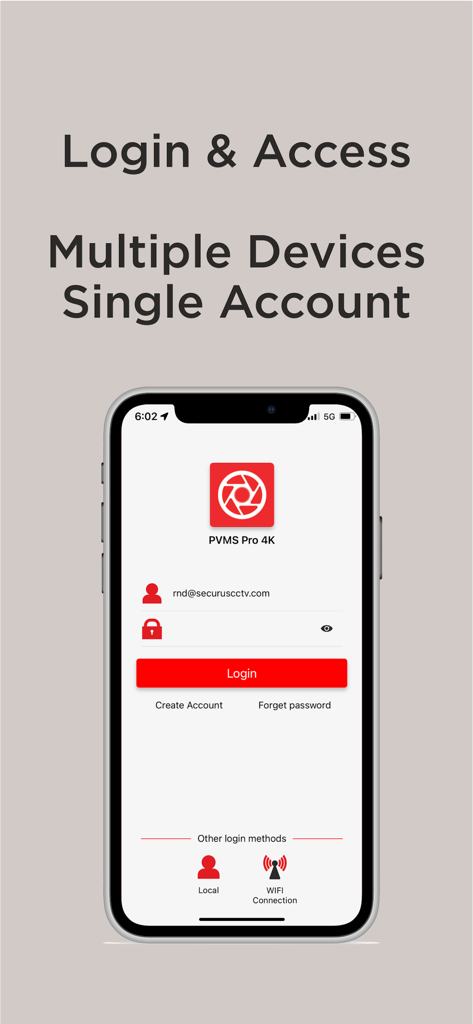 PVMS Pro 4K - PVMS Pro 4K app login screen showing account access for multiple security devices