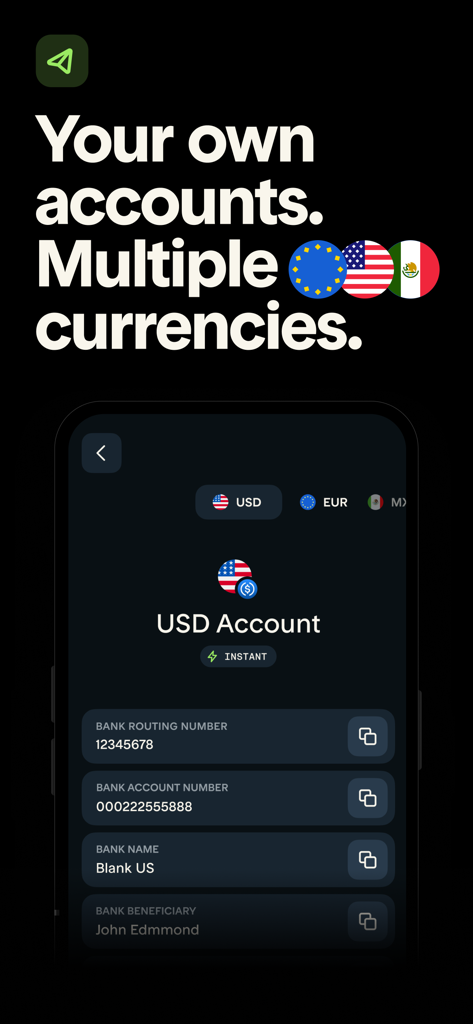 Tuyo: Speed up your money - Tuyo app interface showing USD bank account details with routing and account numbers