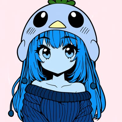 anime girl with chick shaped hat with sweater with bare shoulders with bangs covering them one eye with low tail