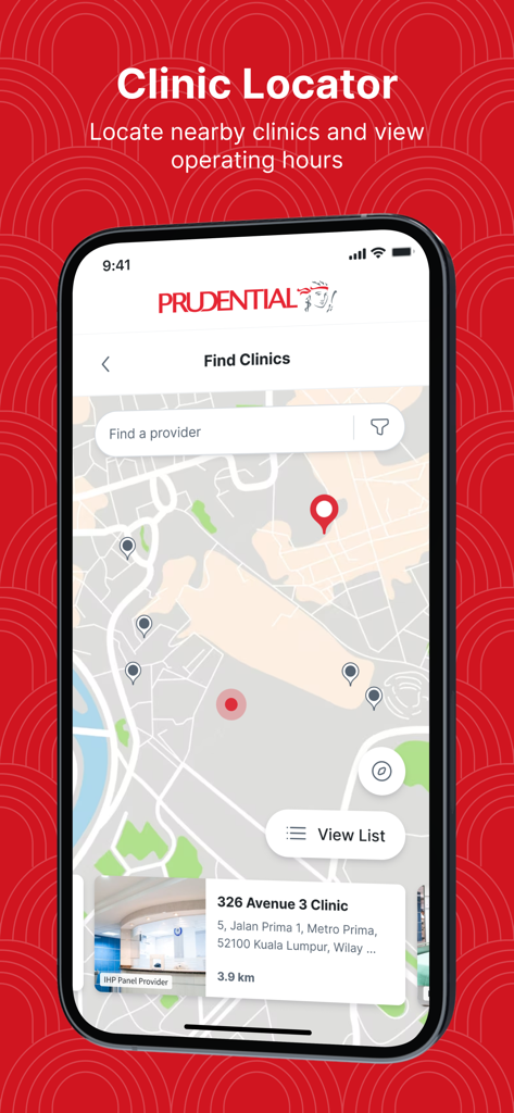 Mapa localizador de clínicas PRU E-Benefits mostrando provedores de saúde próximos e detalhes da clínica.