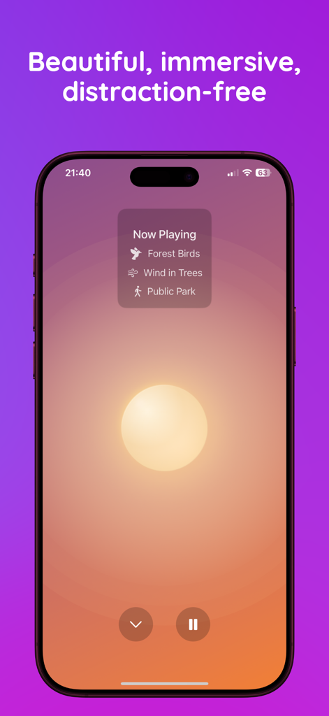 Softly: Sleep & Relax Sounds - Softly app immersive playback screen showing a mix of nature sounds with a minimalist glowing sun background