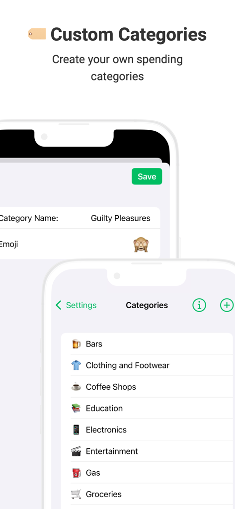 Screenshot dell'app Trac che mostra categorie di spesa personalizzate e un elenco di etichette di spesa con emoji.