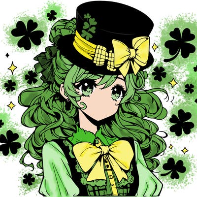 a manga-style girl with clovers around her, a little hat in her hair, like it's saint patrick's day