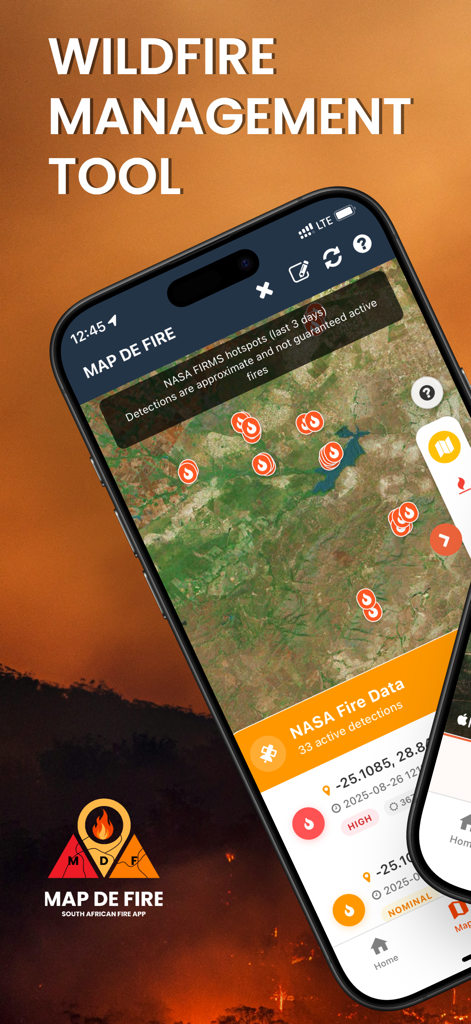 MAP DE FIRE - Map De Fire app interface displaying NASA wildfire hotspot data on a satellite map.
