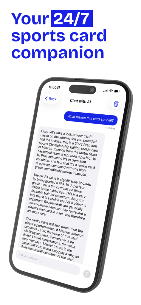 Ladder: Sports Card Scanner - A screenshot of the Ladder app showing an AI chat interface providing a detailed analysis and value assessment of a sports card