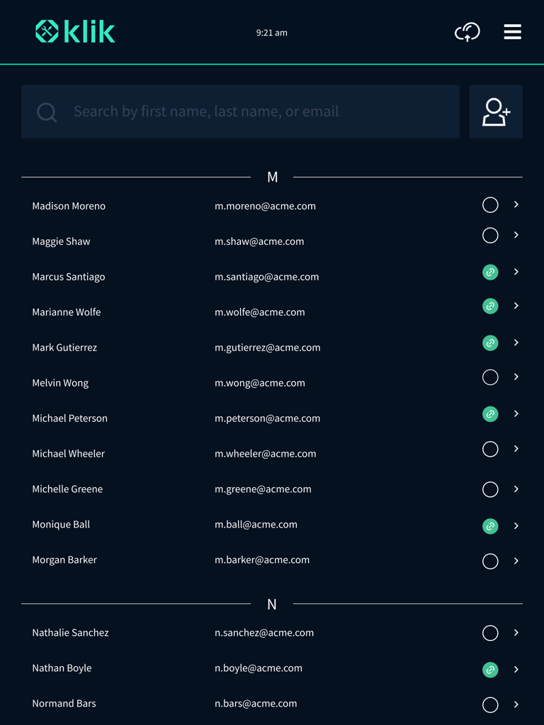 Klik Technician App - Klik Technician App attendee management screen showing a searchable list of names and emails