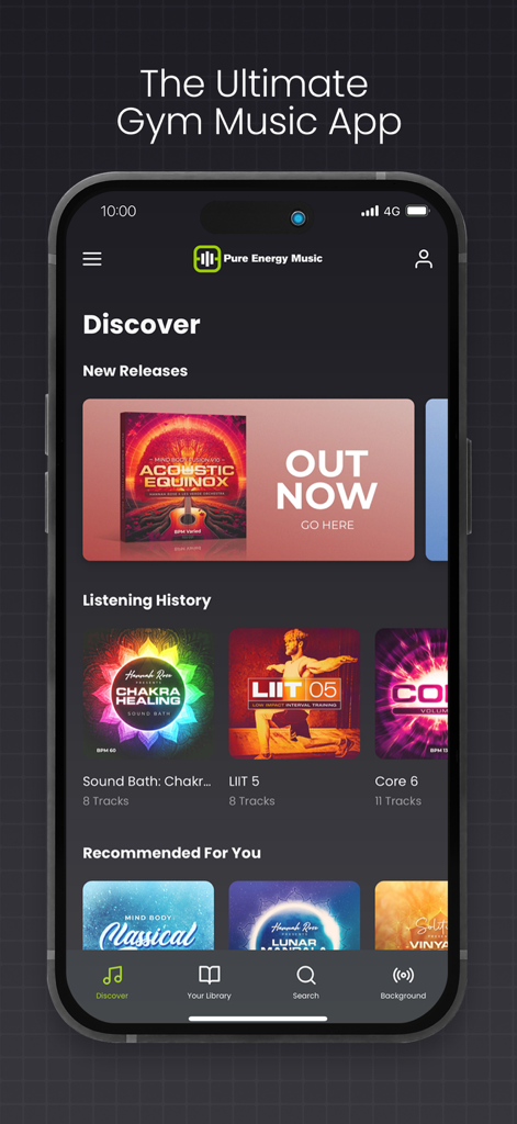 Pure Energy Music - Pure Energy MusicアプリのDiscover画面。ワークアウトプレイリストとプロのジム音楽のおすすめを表示