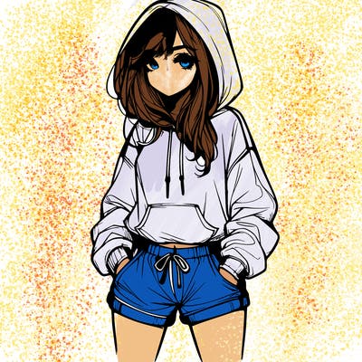 realistic girl in shorts and hoodie