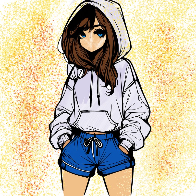realistic girl in shorts and hoodie