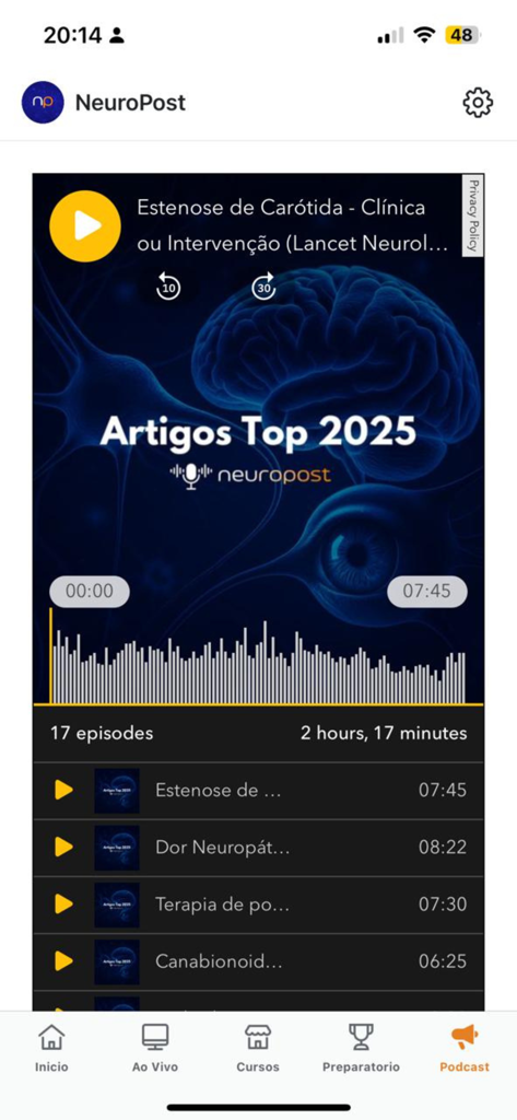 NeuroPost - Interface de podcast do aplicativo móvel NeuroPost exibindo episódios de áudio de neurologia médica e artigos principais.