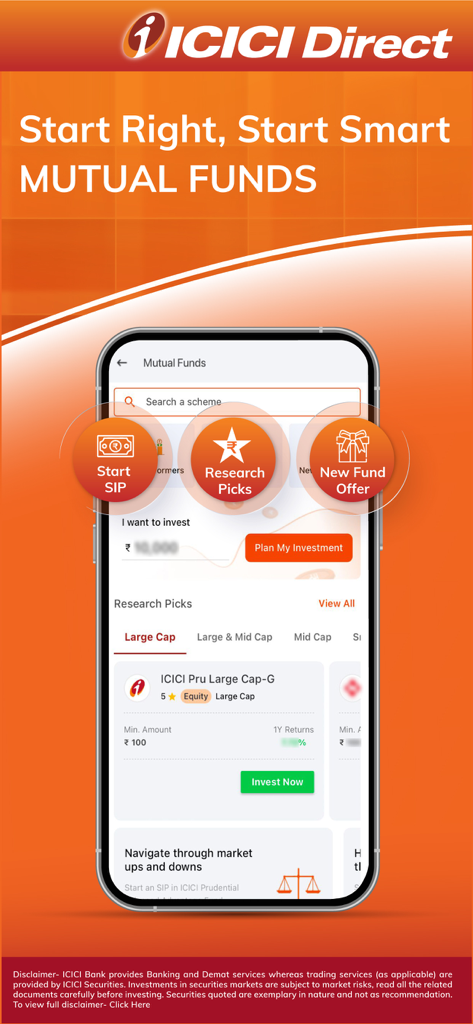 ICICI Direct mobile app interface showing mutual fund research picks and SIP investment options.