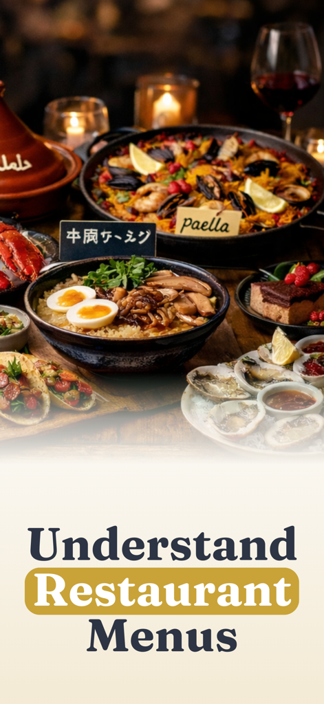 A variety of international dishes with text overlay that says Understand Restaurant Menus