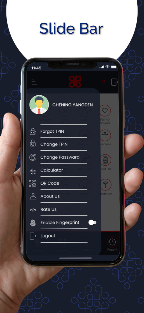 Menú lateral de la aplicación BNB MPay que muestra la configuración de seguridad y de cuenta.
