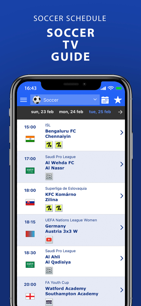 WOSTI Sports TV - WOSTI Sports TV mobile app interface showing a list of soccer matches with kickoff times and broadcasting channels