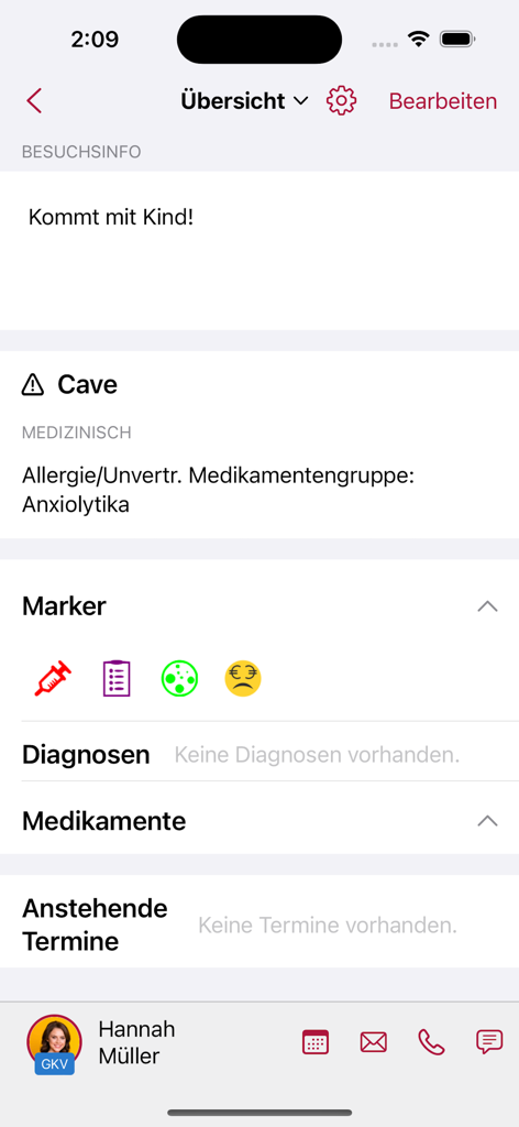 tomedo Praxissoftware - tomedo app mobile interface showing patient summary medical alerts and visit notes