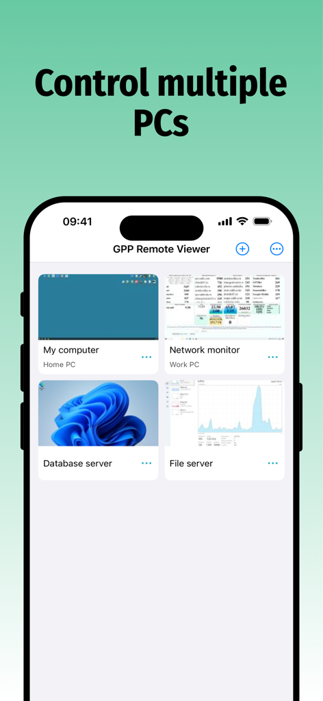 GPP Remote Viewer - GPP Remote Viewer dashboard displaying multiple remote desktop connections including home and work PCs on an iPhone