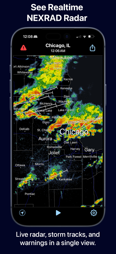 Radar Pro X - Radar Pro X mobile app displaying realtime NEXRAD radar and storm tracks over Chicago Illinois