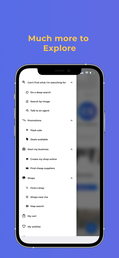 ShoppyMS: Shop Near You - Menú lateral de la aplicación ShoppyMS con opciones de navegación para búsqueda visual y creación de tienda