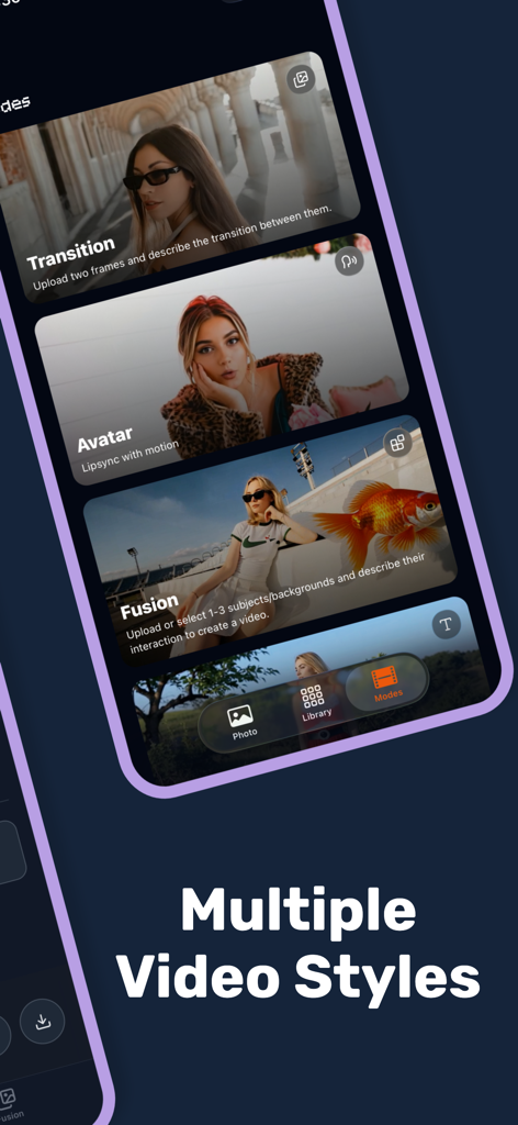 Photo to Video: AI Video Maker - Interfaz de la aplicación Foto a Video AI Maker que muestra diferentes modos de creación como Transición, Avatar y Fusión.