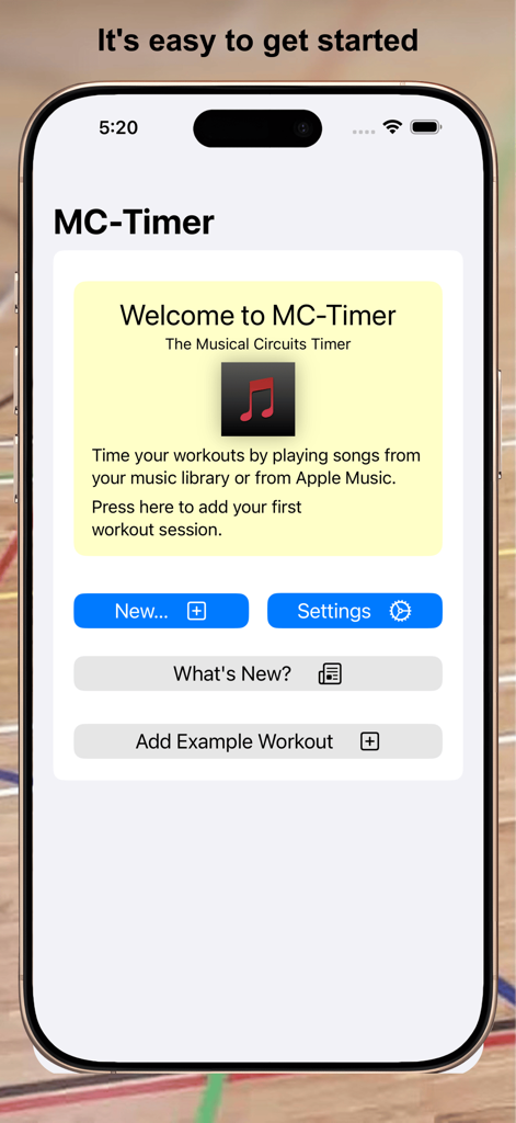 MC-Timer - MC-Timer app welcome screen on iPhone with options to start a new workout session