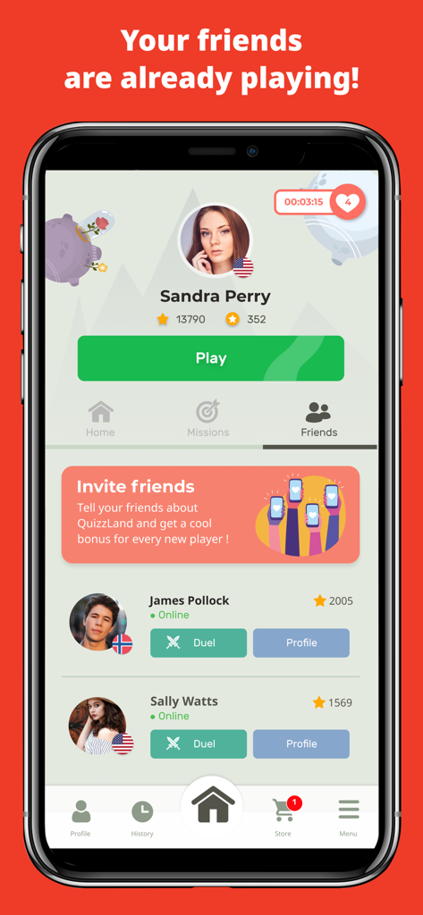 QuizzLand mobile app screen showing friends list with options to invite friends or start a trivia duel