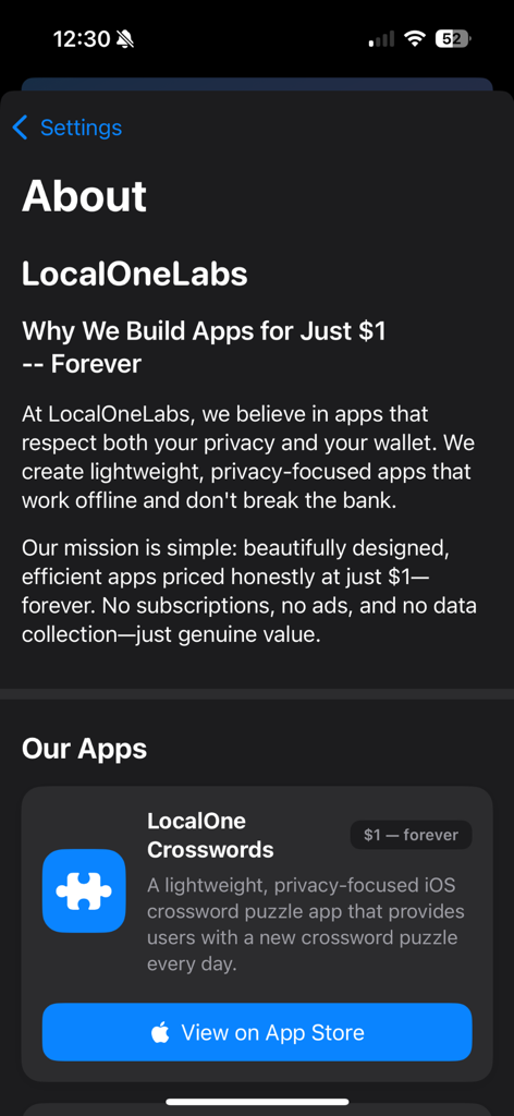 LocalOne GeoQuiz - LocalOneLabs about page explaining their one dollar app mission