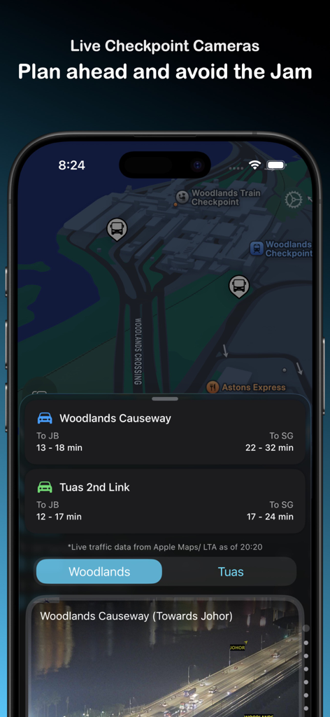 BusSing: SG Bus Arrival Times - Interface showing live traffic cameras and travel times for Woodlands Causeway and Tuas Second Link on the BusSing app.