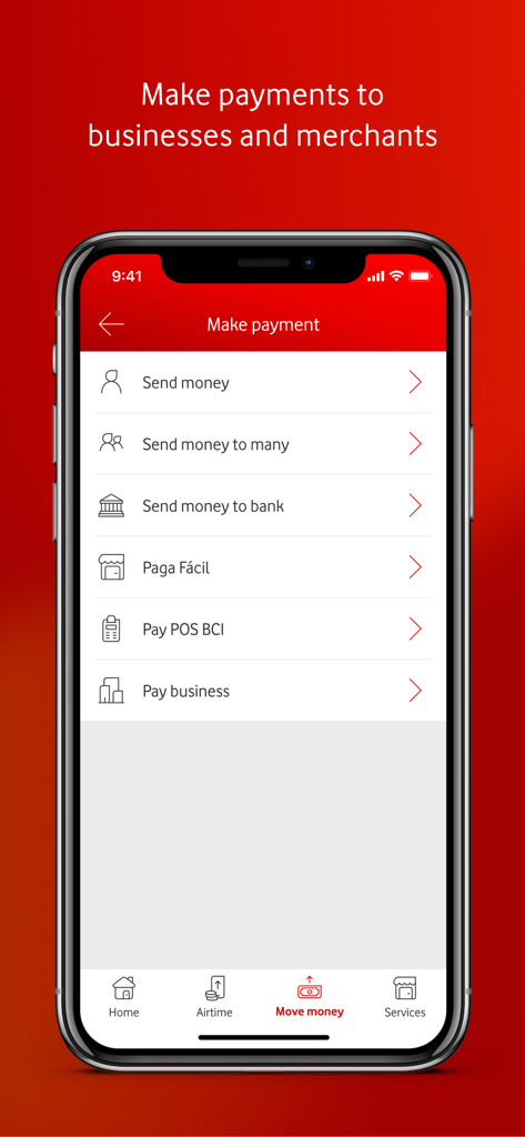 My M-Pesa Mozambique - My M-Pesa Mozambique app showing money transfer and business payment options