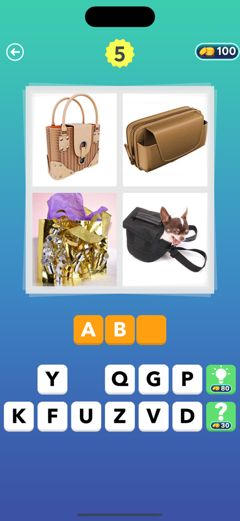 4 Pics: What's the Word? - Captura de pantalla del juego 4 Fotos ¿Cuál es la Palabra? mostrando el nivel 5 con cuatro imágenes de bolsas y un puzzle de palabra de tres letras.