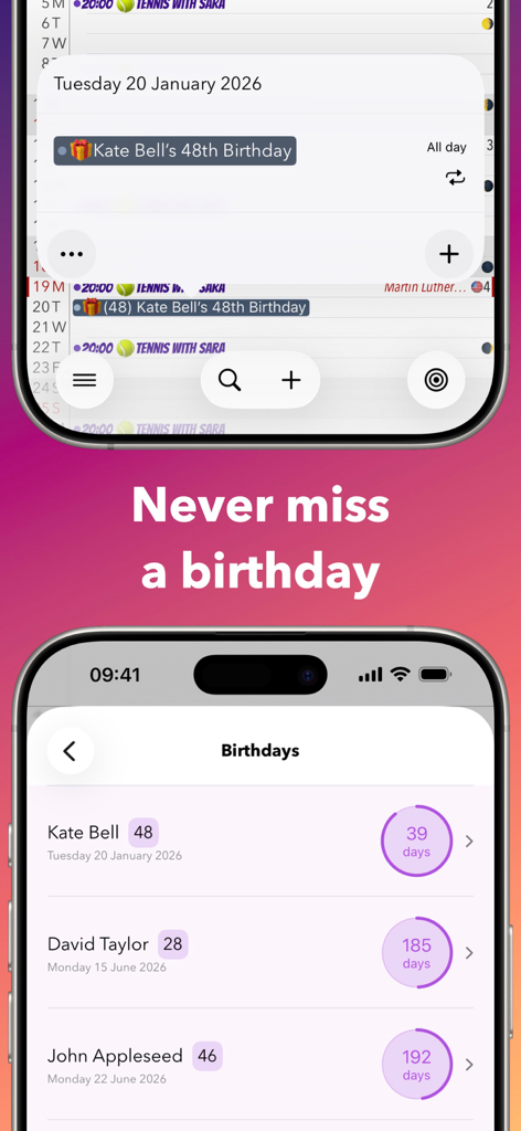 Ein mobiler Bildschirm mit einer Liste von Geburtstagen mit Countdown-Timern und Kalenderereignisdetails