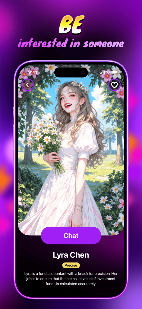 Beiee app interface showing a profile for an AI character named Lyra Chen with an anime-style illustration of a woman holding flowers.