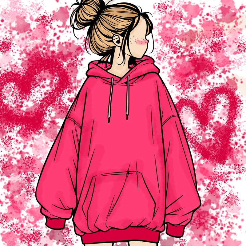 realistic girl with a oversized sweatshirt on and a bun