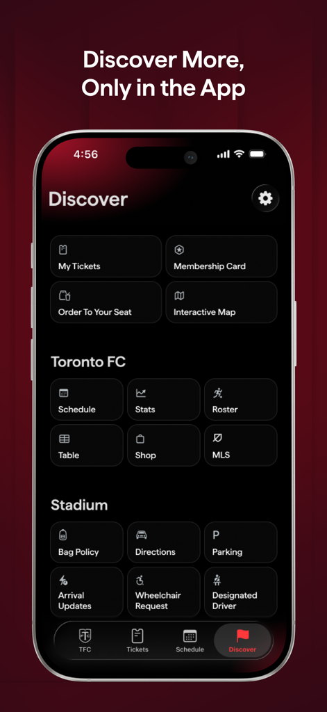 A screenshot of the Toronto FC app Discover tab showing tickets, stadium information, and team statistics.