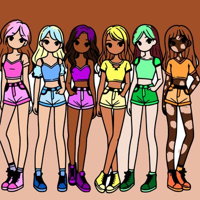 a group of girls wearing crop tops and shorts