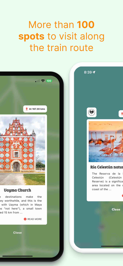 Tren Maya - The Guide - Vorschau der Tren Maya Reise-App, die Touristenattraktionen wie die Kirche von Uayma und die Ria Celestun entlang der Zugroute zeigt.