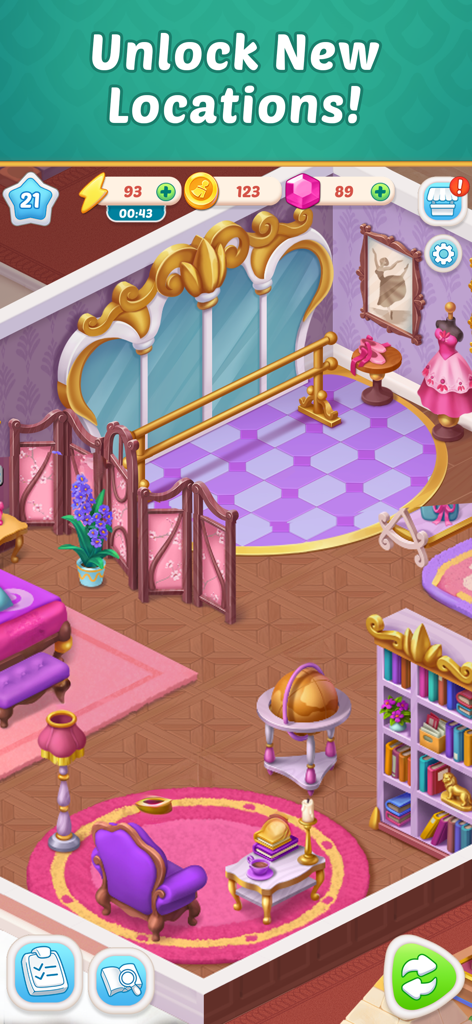 Mansion Tale: Merge Secrets - A decorated ballet studio room inside the mansion with a purple armchair and dancing equipment