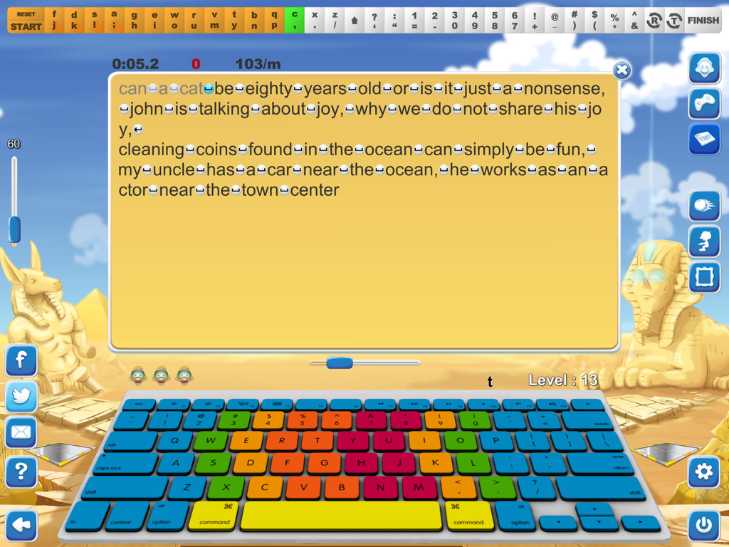 Typing Fingers - Typing Fingers app game screen showing a typing exercise with an ancient Egyptian background and a color coded keyboard