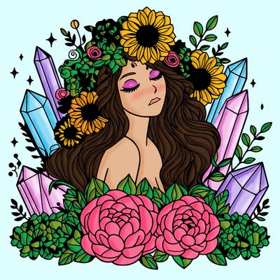 complex woman with flowers, crystals