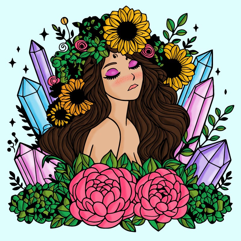 complex woman with flowers, crystals