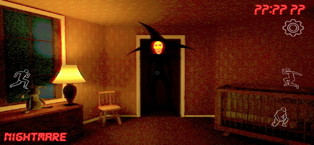 Captura de tela do jogo Obelisk Analog Horror Game mostrando uma criatura assustadora em um portal escuro dentro de um quarto com estilo VHS retrô.